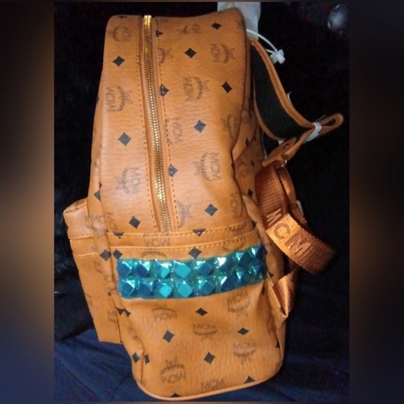 MCM Cognac Backpack Size Large Stark Studded In Visetos Brand NEW - Picture 6 of 11